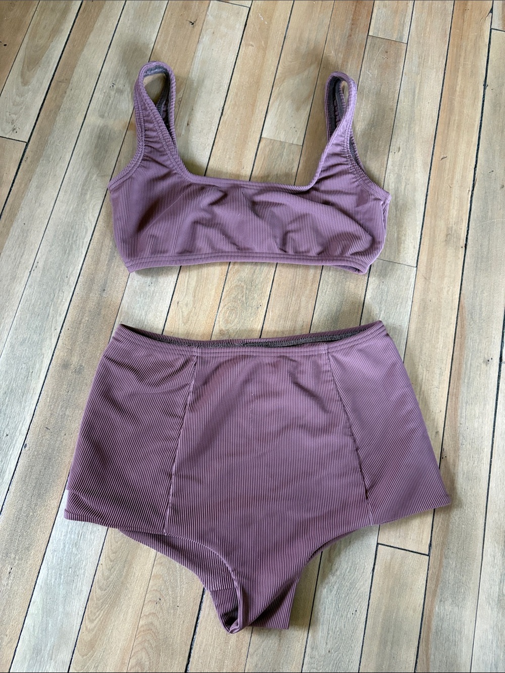 Ribbed Scoop Bralette & High-Waist Bikini Bottoms - Dusty Mauve